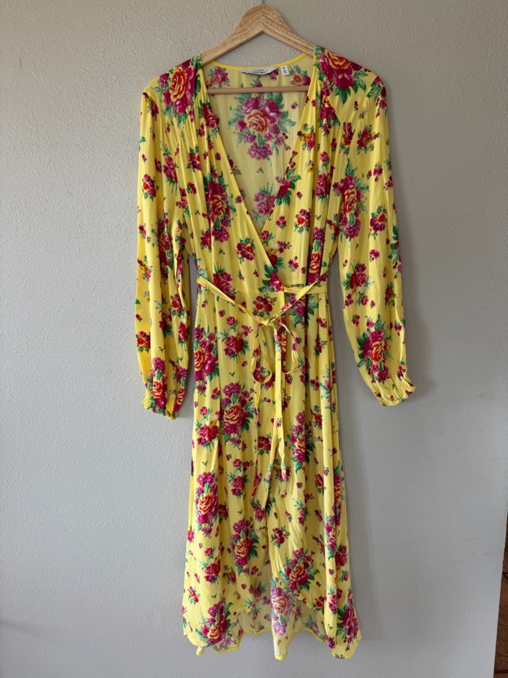 & Other Stories Vibrant Yellow Floral Wrap Long Sleeve Midi Dress Flowy Size 6